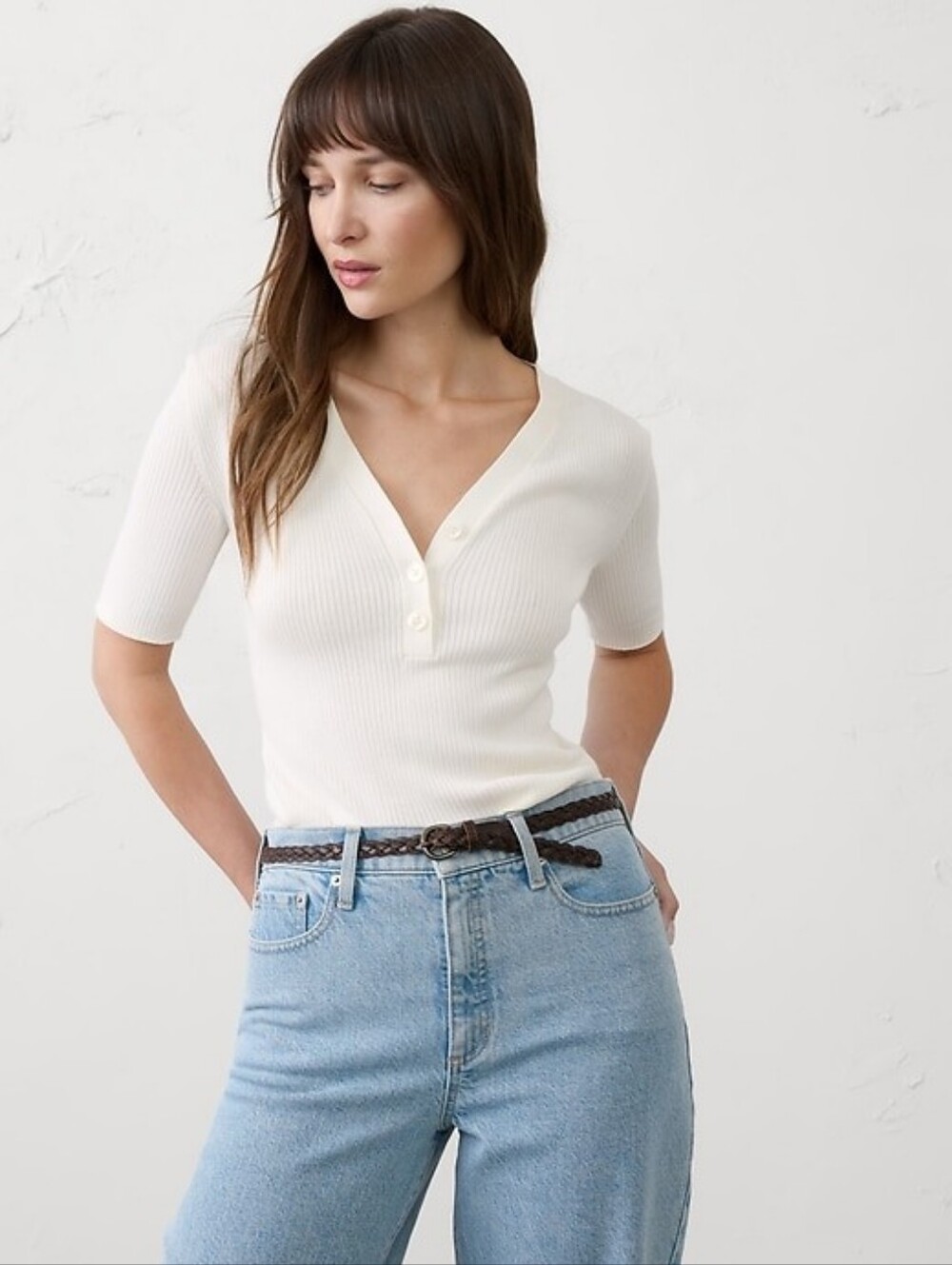 Nwt Banana Republic Ribbed Sweater Henley 3/4 Sleeves Snow Day White Small S